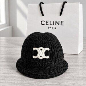 CELINE Black Ribbed Knit Bucket Hat
